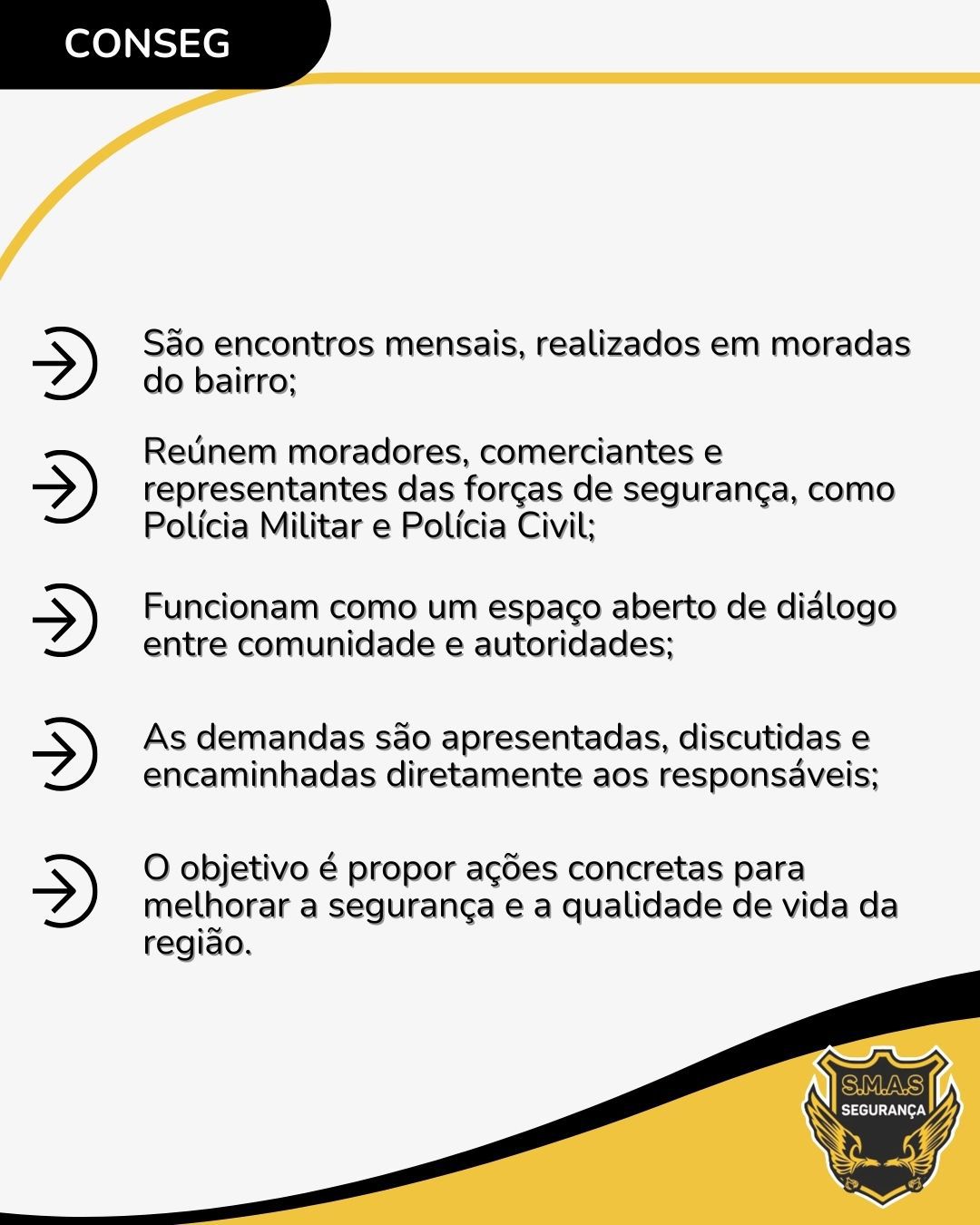 Infográfico explicativo sobre as reuniões do CONSEG. O texto informa que são encontros mensais nos bairros, reunindo moradores, comerciantes e forças de segurança (Polícia Militar e Civil). Destaca que é um espaço de diálogo para apresentar e encaminhar demandas aos responsáveis, com o objetivo de melhorar a segurança e a qualidade de vida da região. No rodapé, está o logotipo da S.M.A.S