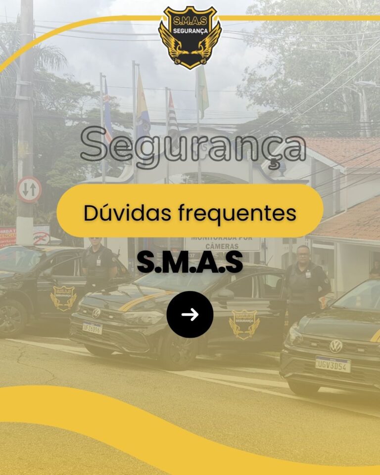 Capa de carrossel da S.M.A.S Segurança com viaturas e agentes em frente à portaria do residencial. Texto sobreposto: ‘Segurança – Dúvidas frequentes S.M.A.S’.