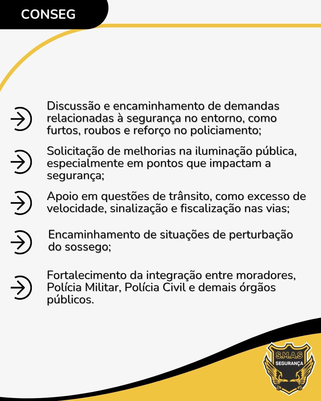 Lista de funções do CONSEG, incluindo: discussão de segurança (furtos e policiamento), pedidos de iluminação pública, apoio em questões de trânsito, situações de perturbação do sossego e integração entre moradores e forças policiais. O logotipo da S.M.A.S Segurança aparece no canto inferior.