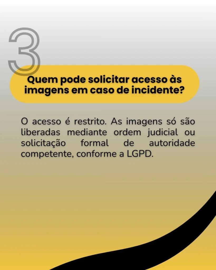 Card informativo com a pergunta ‘Quem pode solicitar acesso às imagens em caso de incidente?’. O texto informa que o acesso é restrito e só ocorre mediante ordem judicial ou solicitação de autoridade competente, conforme a LGPD.