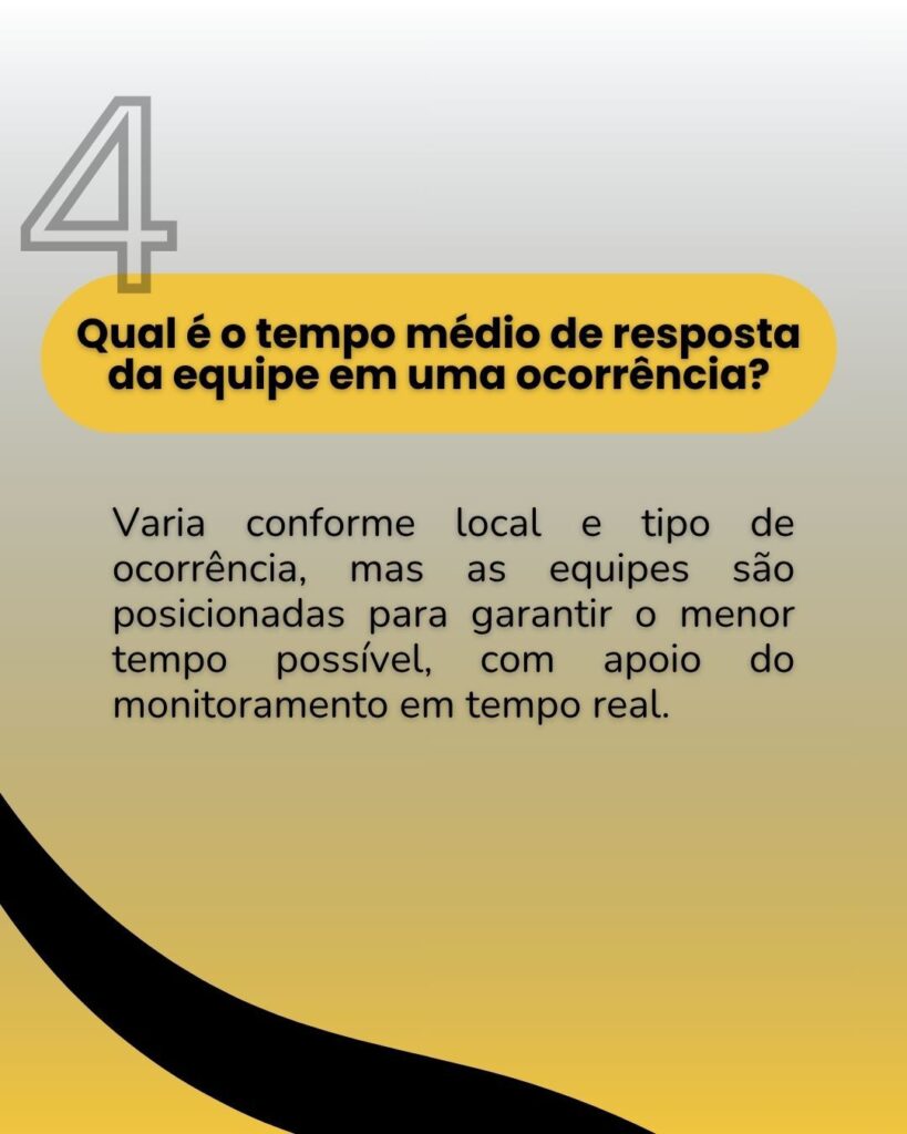 Card informativo com a pergunta ‘Qual é o tempo médio de resposta da equipe em uma ocorrência?’. O texto explica que o tempo varia conforme o local e tipo de ocorrência, mas as equipes são posicionadas para resposta rápida com apoio de monitoramento em tempo real.