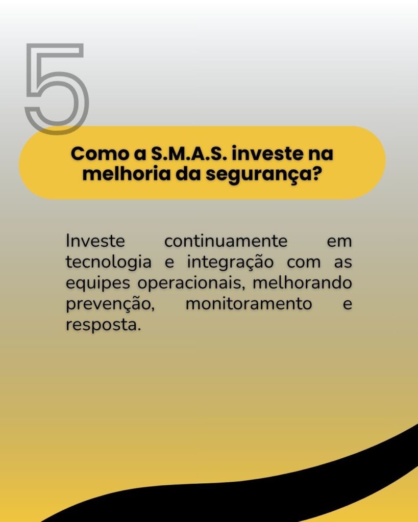 Card informativo com a pergunta "Como a S.M.A.S. investe na melhoria da segurança?". O texto explica que a empresa investe continuamente em tecnologia e integração com as equipes operacionais, melhorando a prevenção, o monitoramento e a resposta