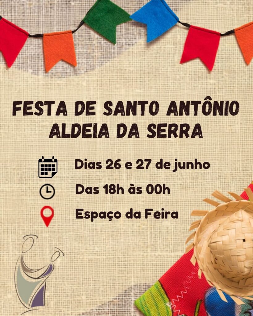 O panfleto digital possui um fundo bege texturizado que imita tecido de juta, decorado no topo com uma fileira de bandeirinhas juninas coloridas (vermelhas, laranjas, verdes e azuis) feitas de feltro. No canto inferior direito, vê-se um chapéu de palha sobre um tecido de chita colorido e, no canto inferior esquerdo, uma ilustração minimalista em traços pretos e tons pastéis de Santo Antônio segurando o Menino Jesus.