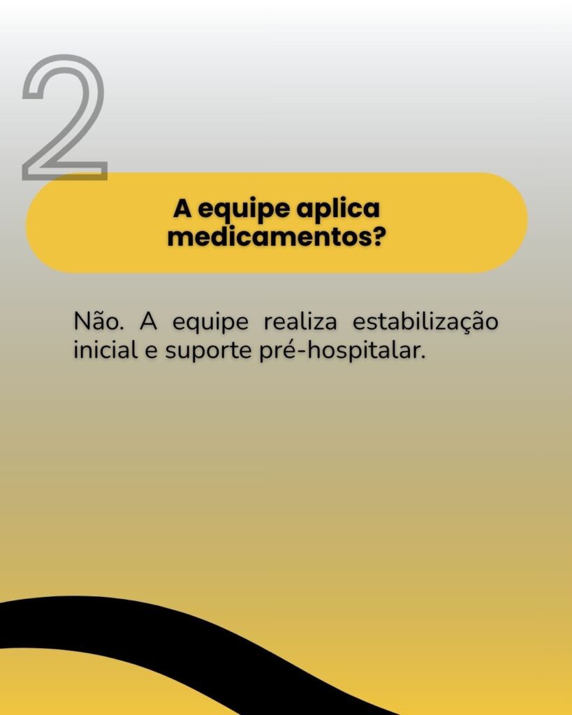 Card com fundo em degradê cinza e amarelo, exibindo o número 2 grande no topo. No centro, o texto: "A equipe aplica medicamentos? Não. A equipe realiza estabilização inicial e suporte pré-hospitalar."