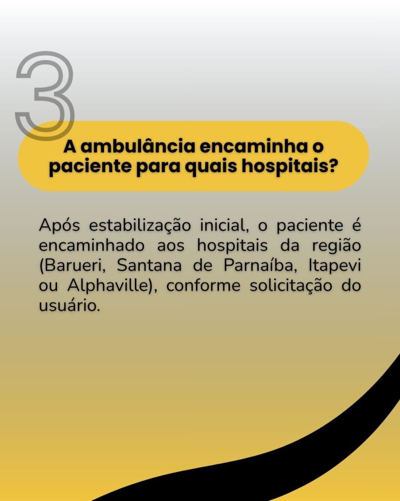 Card com fundo em degradê cinza e amarelo, exibindo o número 3 grande no topo. No centro, o texto: "A ambulância encaminha o paciente para quais hospitais? Após estabilização inicial, o paciente é encaminhado aos hospitais da região (Barueri, Santana de Parnaíba, Itapevi ou Alphaville), conforme solicitação do usuário."