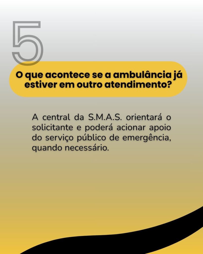 Card com fundo em degradê cinza e amarelo, exibindo o número 5 grande no topo. No centro, o texto: "O que acontece se a ambulância já estiver em outro atendimento? A central da S.M.A.S. orientará o solicitante e poderá acionar apoio do serviço público de emergência, quando necessário."